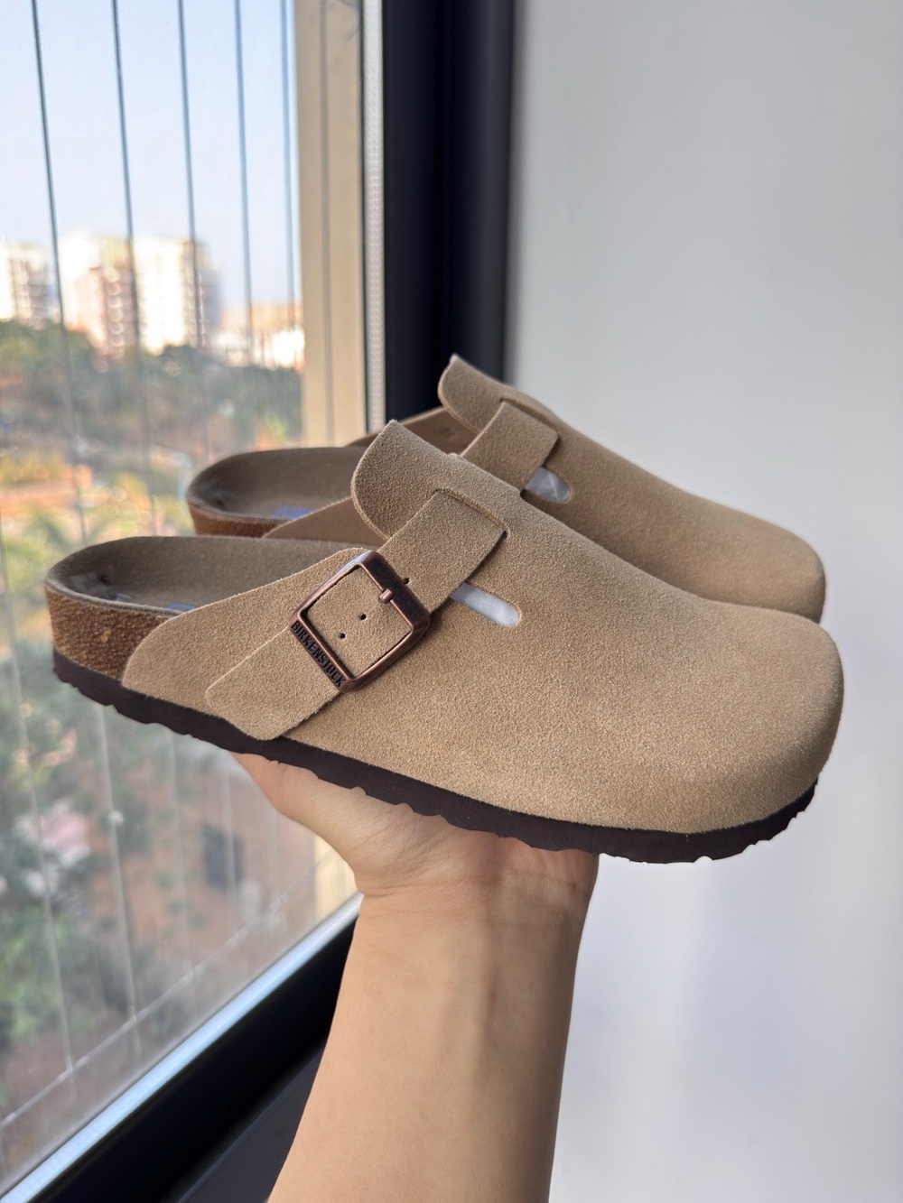 Birkenstock Boston taupe suede mule clogs